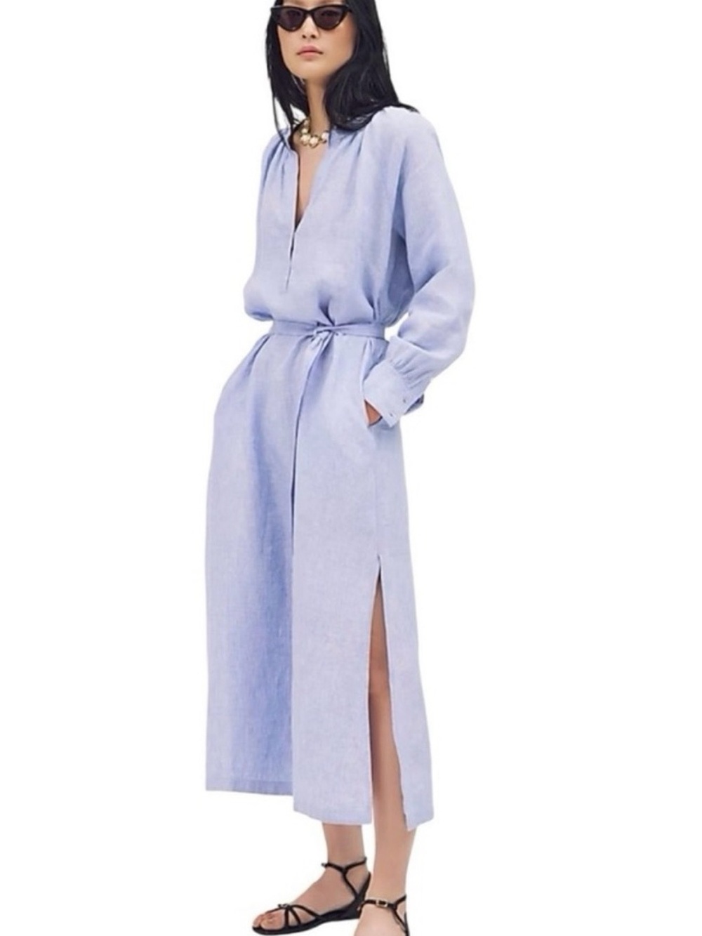 J. Crew Light Blue Linen Maxi Dress with Tie Belt
